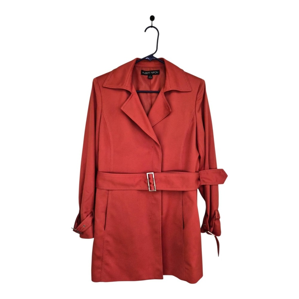 Albert Nipon Size 6 Orange Rust Belted Trench Coat Tailored Lightweight Jacket